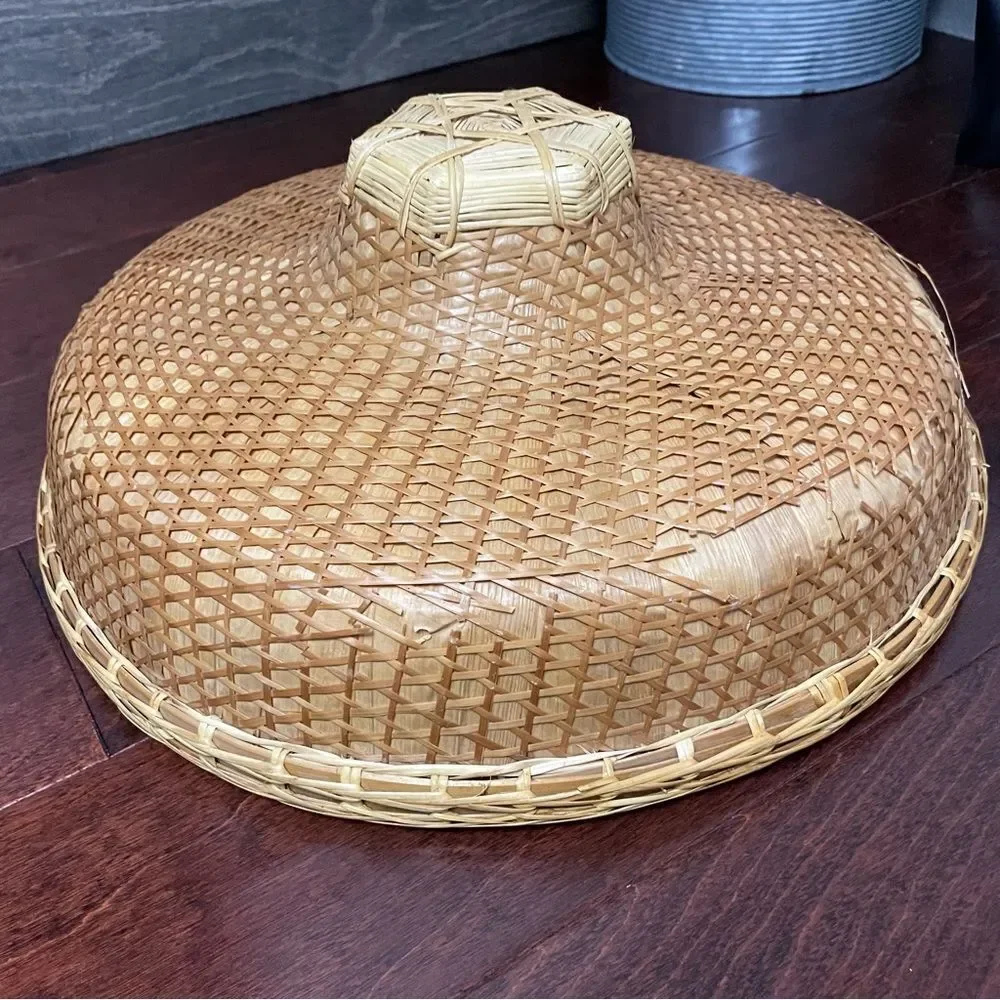 Vintage Wicker Lattice Bamboo Rice Paddy Coolie Farmer Hat Wall Decor Boho